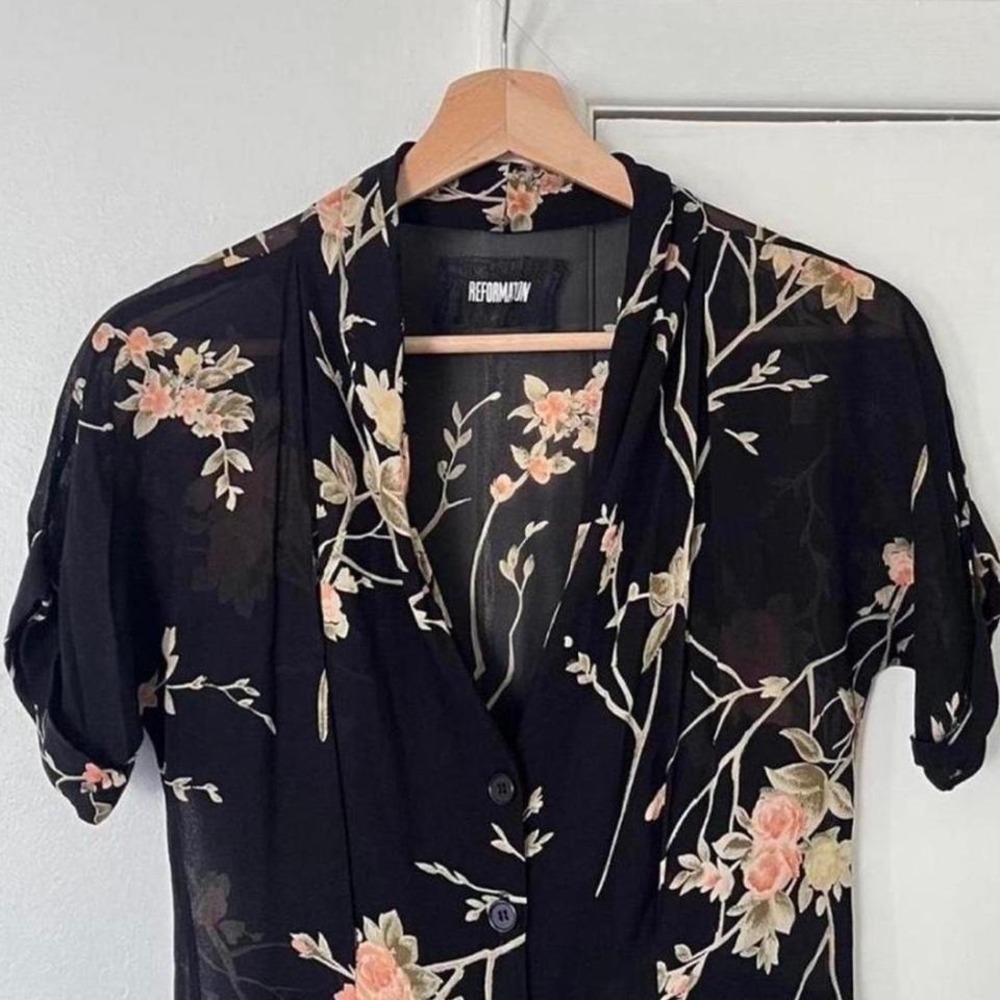 Reformation Cottagecore Floral Sheet Black Midi Dress with Bulit-in Shorts